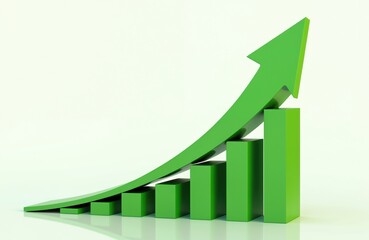 3D illustration of green growth arrow over bar chart representing economic progress. Ecological, sustainable economy, financial success, business growth. Clean design for finance, investment,
