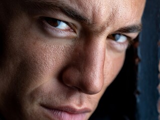 Intense CloseUp of Mans Face Focused Eyes Dramatic Lighting.