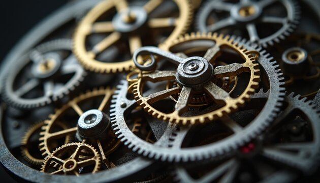 Intricate clockwork gears, mechanical workshop detail. Golden, silver metal cogs interlock fine craftsmanship in industrial setting. Precision engineering assembly with classic horologe structure,