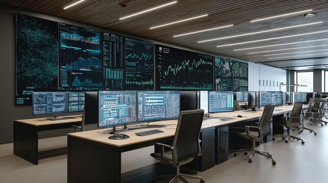 High-Tech Financial Data Control Room with Dual Monitors Showing Real-Time Charts, Business Analytics, Cybersecurity Metrics and Investment Statistics in Modern Office with Digital Screens - Powered by Adobe