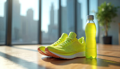 Pair of bright yellow running shoes with water bottle symbolizes active lifestyle. Indoor setting with blurred office background, city view through window. Ideal for health, fitness, sports themes.