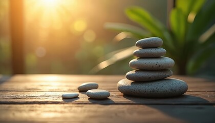 Balanced stack of smooth stones on wooden surface, bathed in warm golden sunlight. Soft blurred background with green foliage enhances tranquil spa atmosphere. Promotes relaxation, wellness, natural