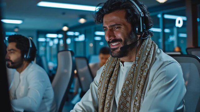 Pakistani Man in White Shalwar Kameez Working in Modern Call Center