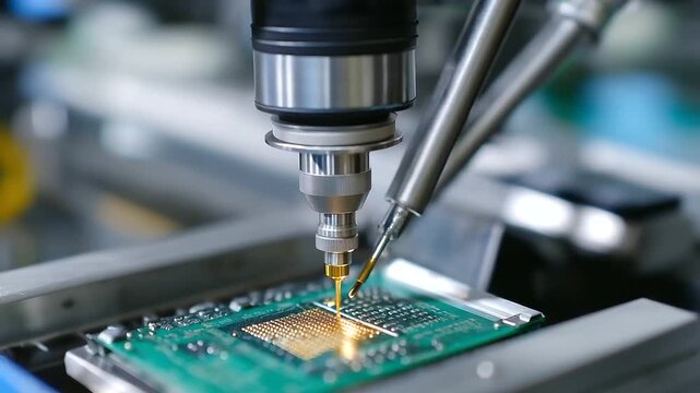 High-speed quad head machine assembling BGA chips onto motherboards.