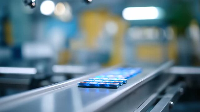 Robotic SCARA arms meticulously position EV battery cells onto a conveyor in a pristine cleanroom environment.