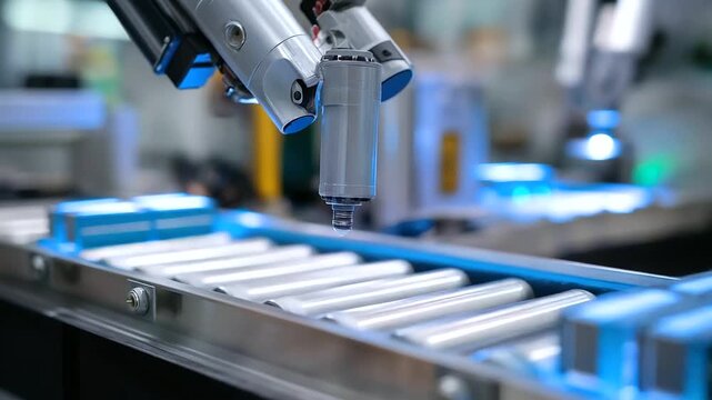 SCARA robotic arms efficiently position EV battery cells onto a moving conveyor belt.