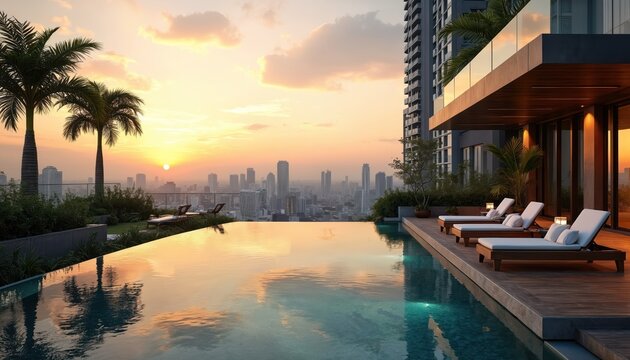 Rooftop infinity pool at luxury condominium in Bangkok overlooks cityscape at sunset. Palm trees, lounge chairs on wooden deck create relaxing atmosphere. Modern high-rise apartment building offers