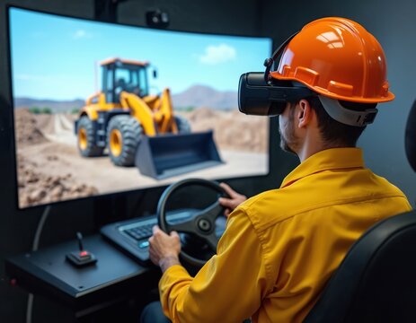 Construction worker uses virtual reality simulator for equipment training. Man in hard hat learns heavy machinery operation via immersive simulation technology. Focus on safety, engineering, modern