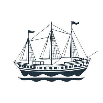 Stylized Illustration of a Classic Three-Masted Sailing Ship with Rippled Water