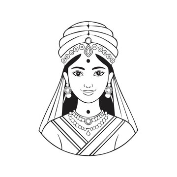 Elegant Indian Woman Wearing Traditional Headpiece and Ornate Jewelry Line Art Illustration