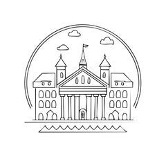 Fototapeta premium Grand academy building illustration with towers, columns, and clouds in linear design.