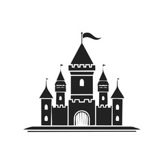 Obraz premium Black silhouette of a fantasy castle with multiple towers and flags against a white background