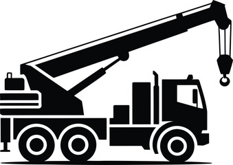 Heavy duty mobile crane truck with extended boom and hook in black and white silhouette