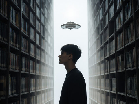 concept image of a young man staying between two book shelfs in a library and a miniture ufo floating above his head deep in his thoughts, generative AI