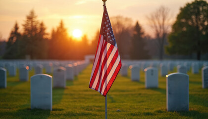 American flag waves in military cemetery at sunset. Rows of headstones symbolize fallen heroes. Warm golden light bathes solemn scene, honoring sacrifice, remembrance, and patriotism.