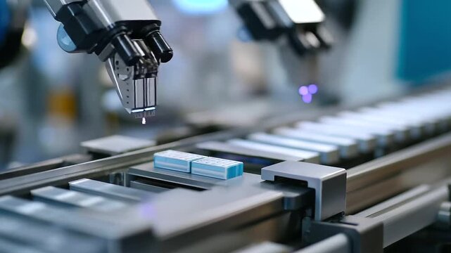Robotic SCARA arms precisely position EV battery cells onto a conveyor in a sterile cleanroom environment.