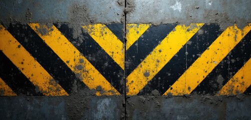 Fototapeta premium Grungy industrial background with weathered yellow, black diagonal stripes on concrete metal surface. Texture shows dirt, wear, hazard warning signs. Used for construction, urban, warning, danger