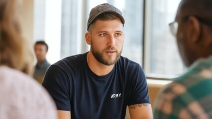 A veteran recounts personal stories in a contemporary studio setting with civilian peers.