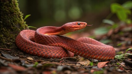 Crimson beauty a red snake coils in a lush forest setting vibrant scales glistening in the dappled sunlight