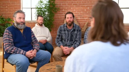A supportive veterans group therapy session unfolds in a cozy brick loft environment.