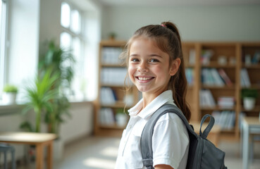 Smiling young school girl with backpack in modern classroom. Wearing white polo shirt. Confident student ready for learning and education in bright, neat, organized school environment.