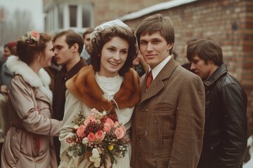 Vintage Soviet bride groom couple celebrating wedding smiling outdoors on winter day with floral bouquet 1980s 1990s Russia USSR happy traditional festive occasion memories