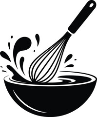 Whisking liquid in a bowl with splashes a simple black and white illustration silhouette