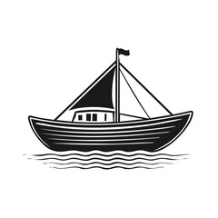 Black and white illustration of a sailing boat with two sails on wavy water