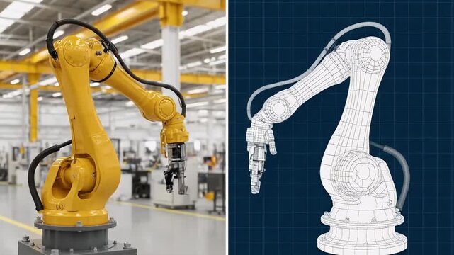 From blueprint to reality, a yellow industrial robotic arm in a smart factory. A split screen showing a digital twin CAD model and the physical automaton for manufacturing.