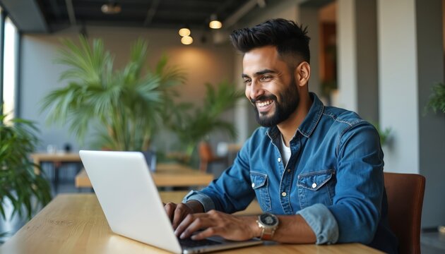Smiling Indian businessman, 30s, works on laptop in modern office lobby. Young Indian student studies remotely using computer, joins online webinar, virtual training. Successful professional with