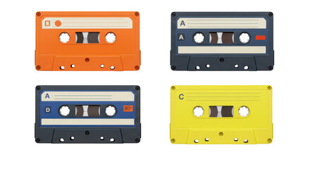 Obraz premium Photo of a vibrant collection of retro audio cassette tapes in orange, blue, yellow, and gray isolated on transparent background