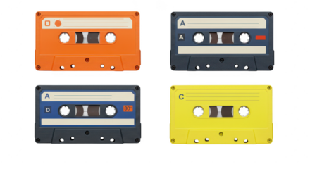 Photo of a vibrant collection of retro audio cassette tapes in orange, blue, yellow, and gray isolated on transparent background