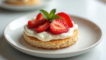 Fresh strawberry slices top creamy biscuit base. Delicate pastry features light biscuit, smooth cream filling, ripe red fruit, mint garnish. Perfect for summer desserts, healthy breakfast, gourmet