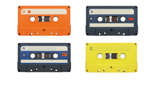 Photo of a vibrant collection of retro audio cassette tapes in orange, blue, yellow, and gray isolated on transparent background