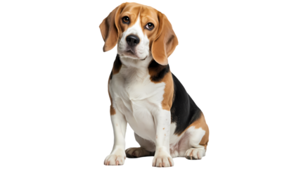 A classic tri-color Beagle dog sits attentively on transparent background