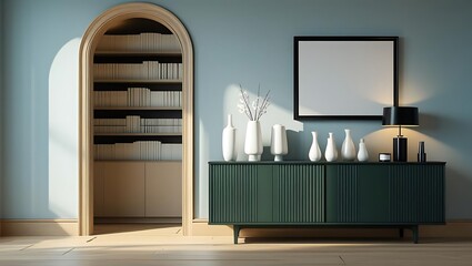 Interior scene with arched doorway leading to bookshelves and a dark green cabinet with white vases and a black lamp