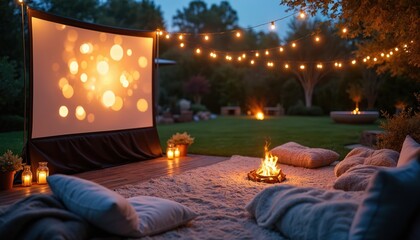Cozy backyard cinema features projector screen lit by warm string lights. Comfortable blankets pillows surround small campfire. Outdoor movie night perfect for romantic evening entertainment.