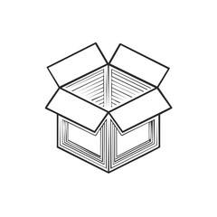 Stylized black and white line art illustration of an open empty cardboard shipping box ready for delivery
