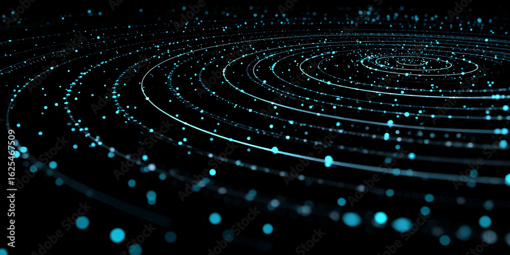 Wall mural abstract dark background with circular patterns and particles. blue digital circles on black backgro