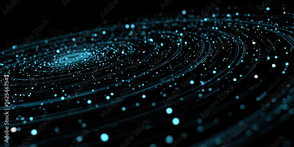 Wall mural abstract dark background with circular patterns and particles. blue digital circles on black backgro