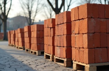 Stacks of red bricks on wooden pallets rest on a cobblestone street. This construction site scene depicts essential building materials for new home construction and urban development projects.
