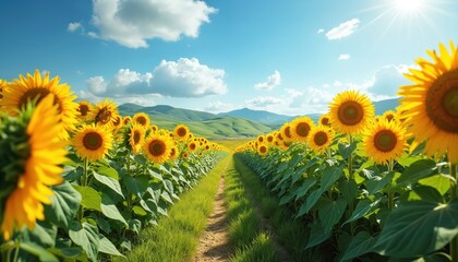 Vibrant sunflowers bloom under clear midday sky, filling rural landscape. Rolling green hills, bright sun create warm, cheerful summer atmosphere. Grassy path leads through expansive field, nature