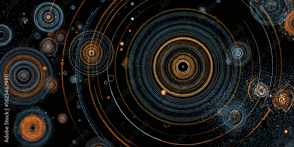 Wall mural abstract dark background with circular patterns and particles. various circles on black background. 