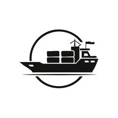 Obraz premium Minimalist silhouette of a cargo ship carrying containers within a circular frame
