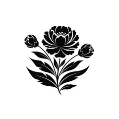 Vector art of black silhouette of a blooming peony flower with two buds and leaves, isolated on white background