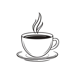 Obraz premium Elegant Coffee Cup Illustration with Steam on Saucer in Black and White Line Art