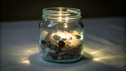 Glowing jar of pebbles creates warm, inviting ambiance perfect for relaxation and home decor