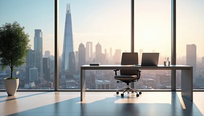 Modern office interior featuring desk, chair with panoramic city view of London. Sunlight streams through windows, illuminating bright, inspiring workspace with urban skyline. Ideal for business