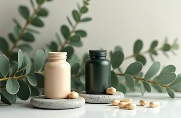 Minimalist scene features two supplement bottles, one peach, one dark green, alongside scattered capsules. Surrounded by soft focus eucalyptus branches, composition evokes natural wellness, organic