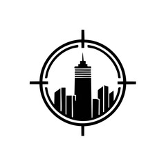 Obraz premium Urban cityscape silhouette inside a circular target icon representing strategic development and urban focus